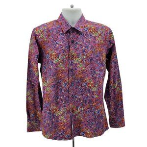 New Barabas Mens Medium Button Shirt Scarlet Paisley Multicolor Retro Party